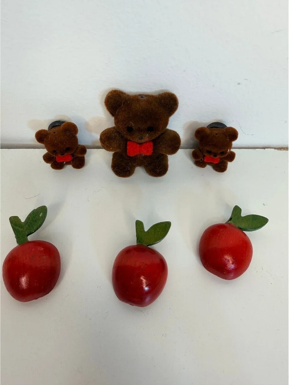 Vintage teddy bear and wood apple magnet set